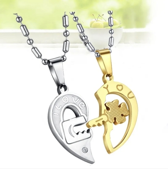 His and Hers Stainless Steel I Love You Heart Lock & Key Couple Pendant Necklace - Picture 1 of 3